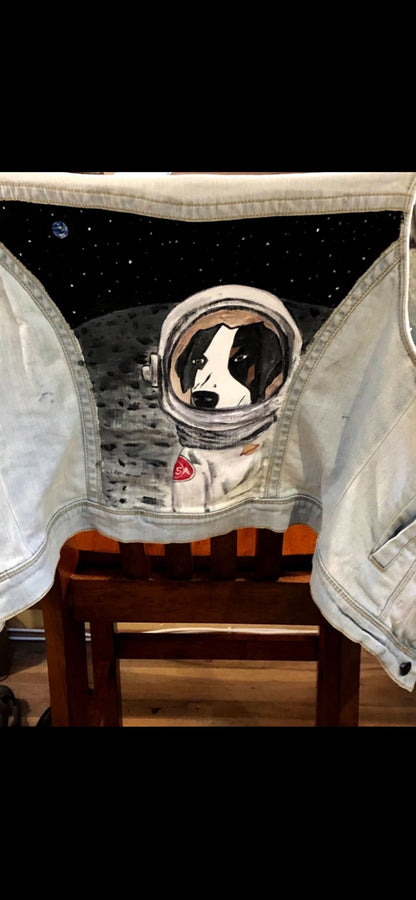 Maddie in Space painted denim jacket back