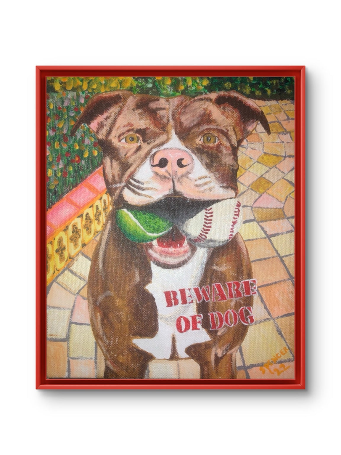 Beware of Dog original acrylic painting of Zeke, framed in red-stained wood