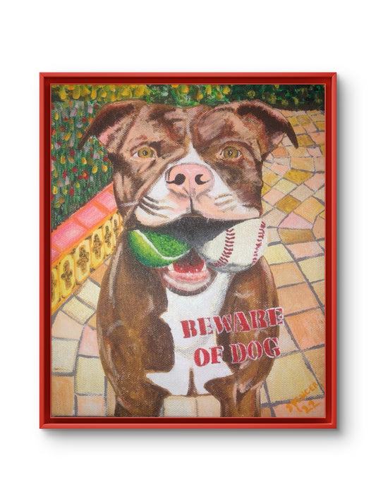 Beware of Dog original acrylic painting of Zeke, framed in red-stained wood