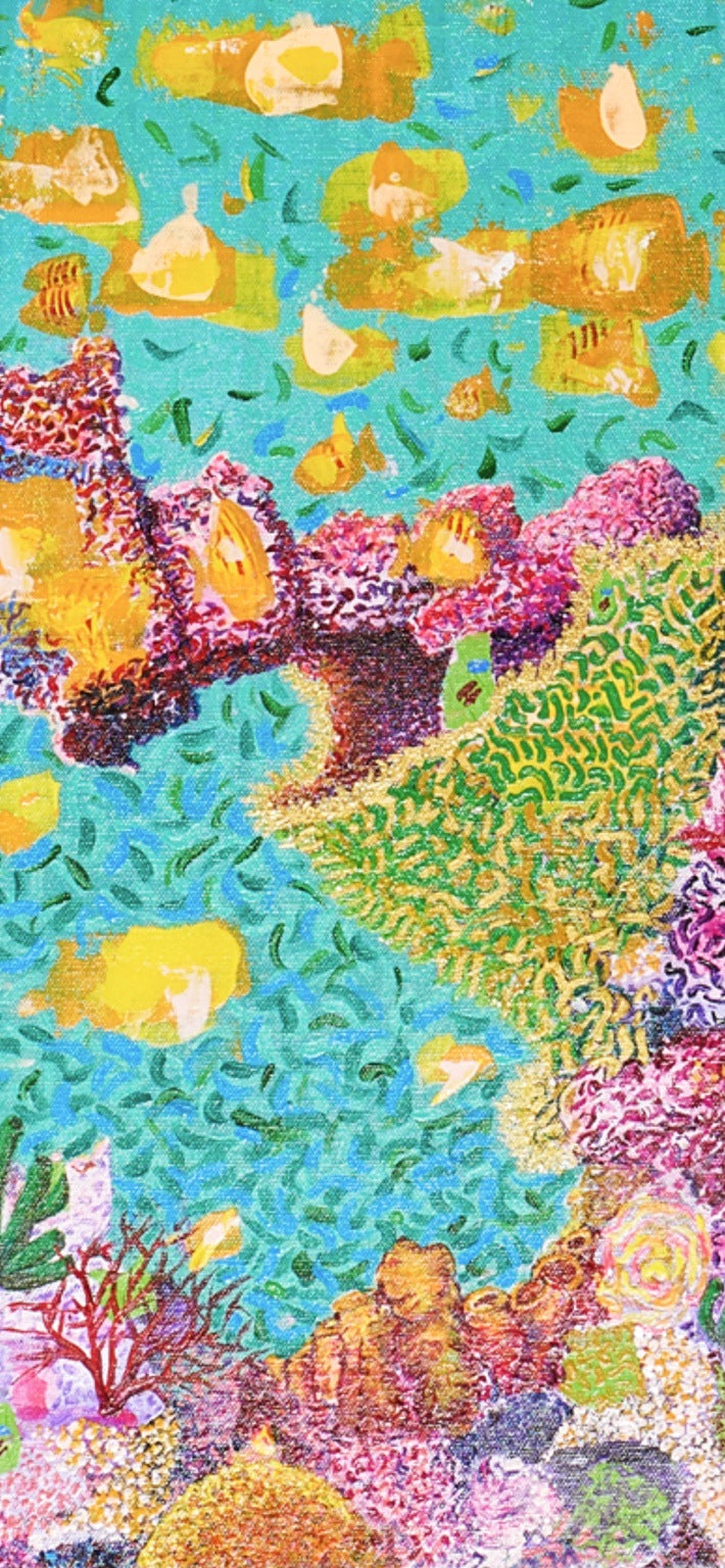 There've Been Mornings I Don't Belong Without You detail — luminous fish and textured coral reef
